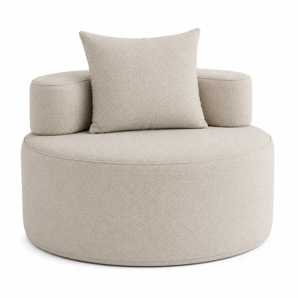 Kremowa sofa okrągła z tkaniny Bouclé z poduszkami 90x90 cm