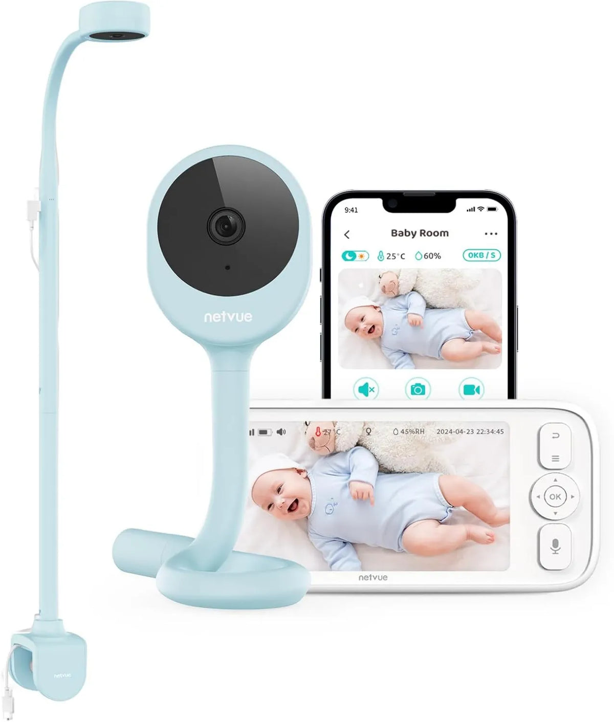 NETVUE, 1080P 5000 mAh Babyphone, Wsparcie, Monitor wideo dla dzieci, WiFi, bezprzewodowy, niebieski