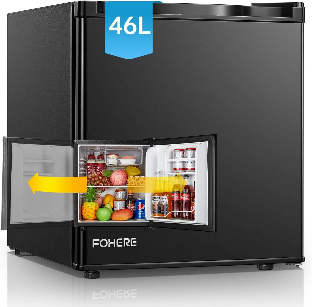 Lodówka, 42 dB, odwracalne drzwi, Mini lodówka FOHERE 46 l z komorą na lód, Kontrola temperatury, na kemping i do gier, Odwracalne zawiasy drzwi