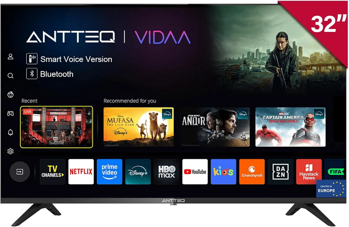 Antteq telewizor, Smart TV, 32 cali, TV, V32- AH3Q1D- BT, HDMI, WiFi, Bluetooth, aplikacja, Vidaa OS TV z aplikacji mobilnej, Netflix, DAZN, WiFi V32-AH3Q1D-BT