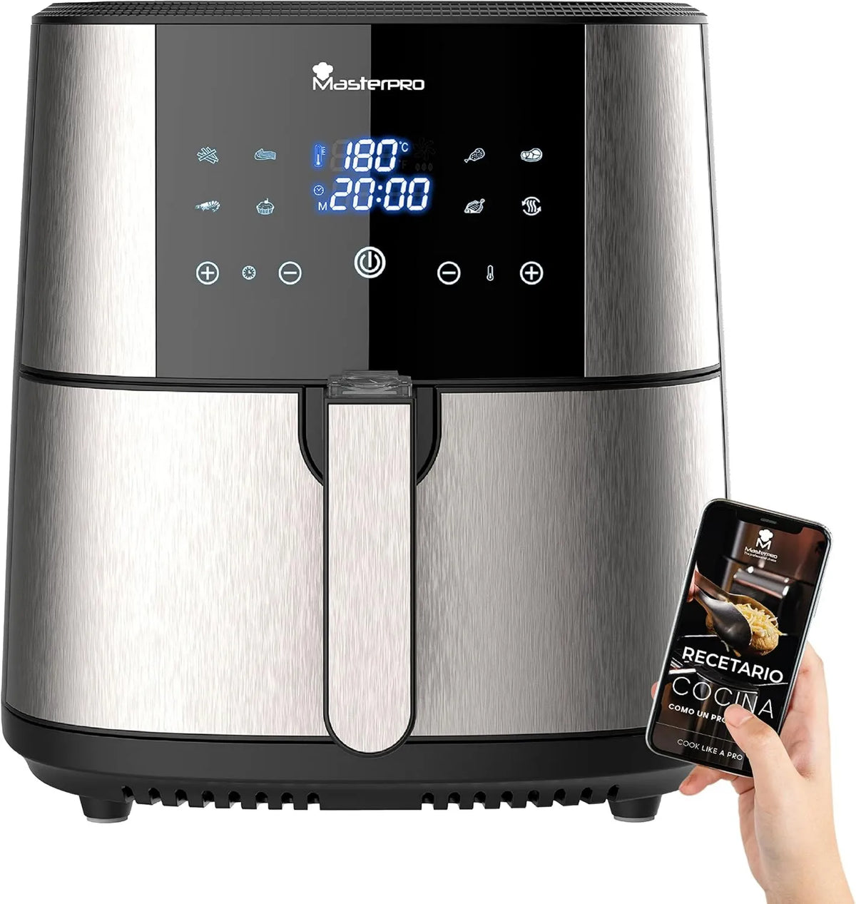 MasterPRO frytkownica beztłuszczowa, 6 l, 1800 W, 8 programów, dotyk, powłoka nienakładająca się na przyciski, dotykowy ekran LED i antypaski koszyk, 8 Funkcje w 1