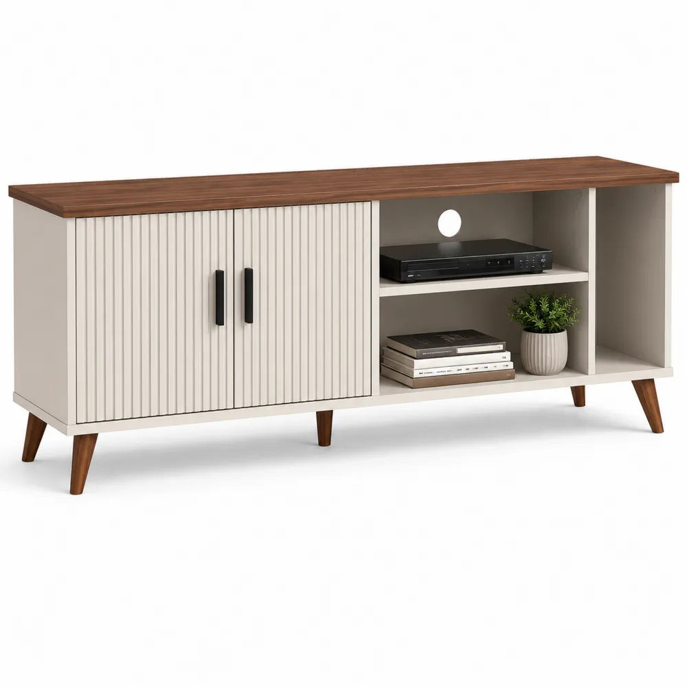Szafka RTV z płyty MDF Beżowo-Brązowa z Półkami i Drzwiami 120x40x50 cm
