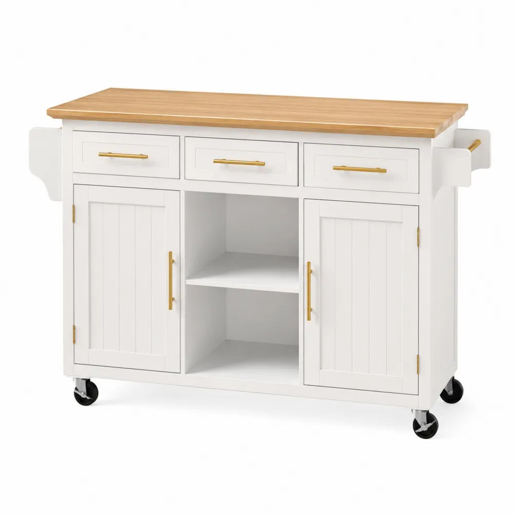 Biały kredens kuchenny z drewnianym blatem 130x90x45 cm