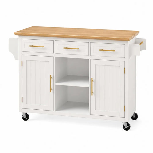 Biały kredens kuchenny z drewnianym blatem 130x90x45 cm