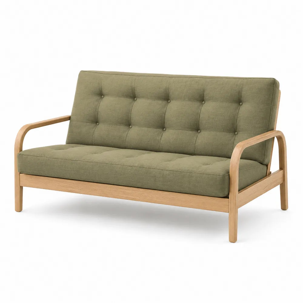 Sofa dwuosobowa len oliwkowy, rama drewniana, 150 cm