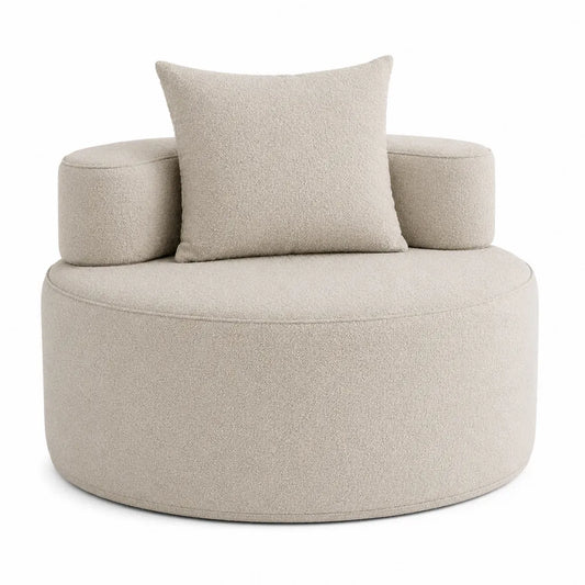 Kremowa sofa okrągła z tkaniny Bouclé z poduszkami 90x90 cm