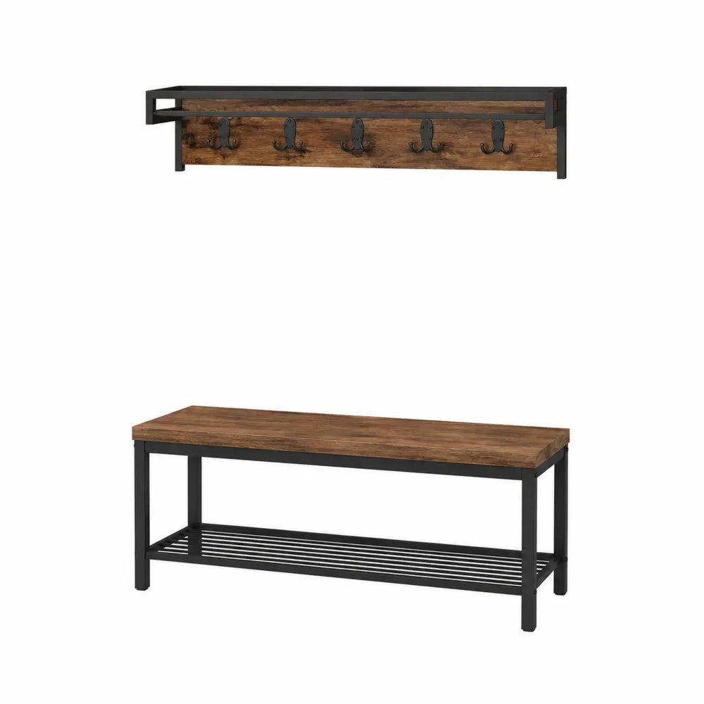 Zestaw wieszak ścienny z półką i ławka na ubrania metal/drewno dąb 80 cm