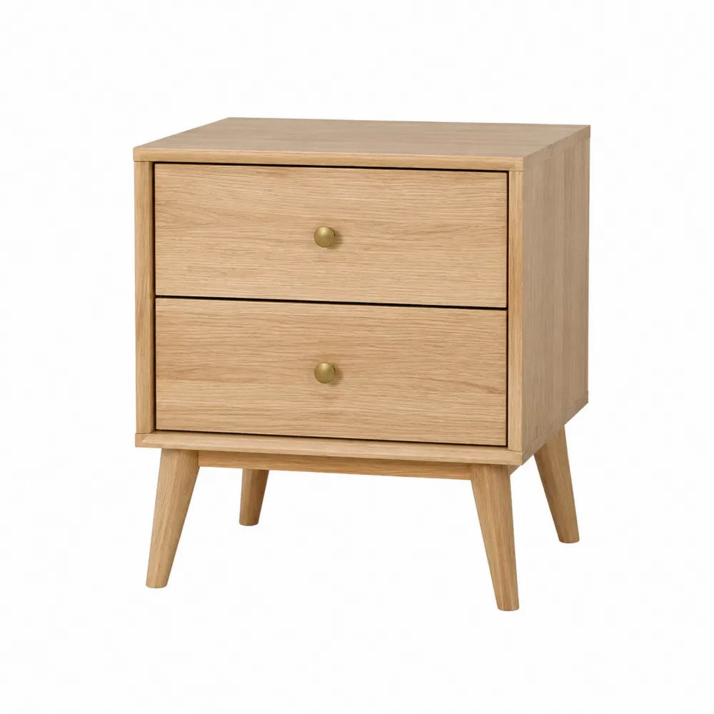 Stolik nocny z drewna dębowego z 2 szufladami i mosiężnymi uchwytami