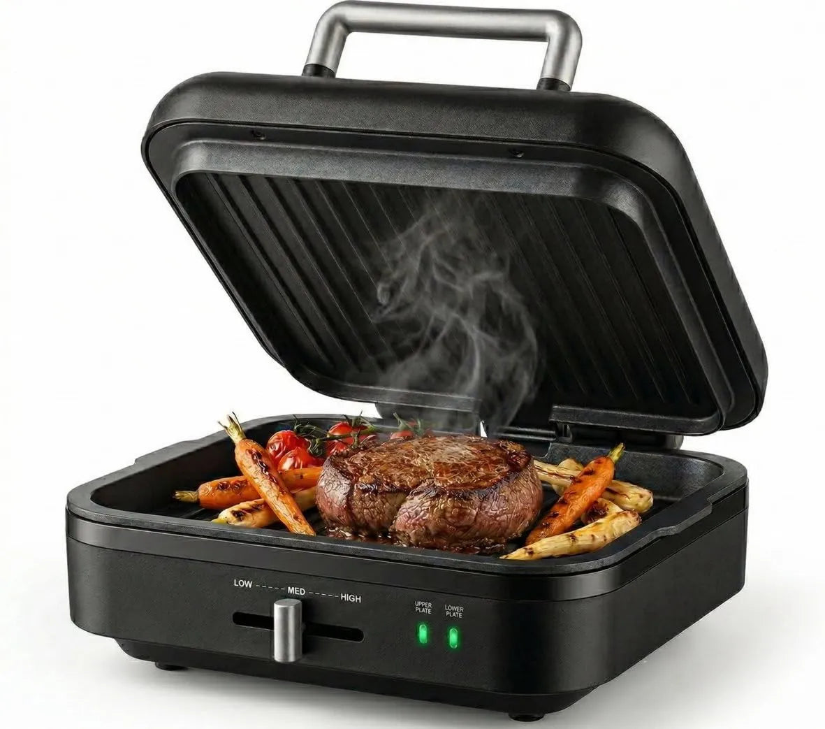 Gadgy grill elektryczny, Czarny Mat / srebrny, Grill Kontakt Elektryczny 1400 W, Regulowana temperatura, 2 w 1 wyposażony w zdejmowane tło, jedno- i podwójne grillowanie twarzy