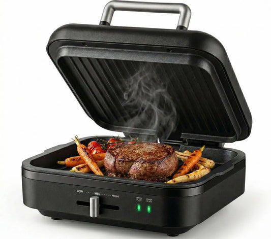 Gadgy grill elektryczny, Czarny Mat / srebrny, Grill Kontakt Elektryczny 1400 W, Regulowana temperatura, 2 w 1 wyposażony w zdejmowane tło, jedno- i podwójne grillowanie twarzy