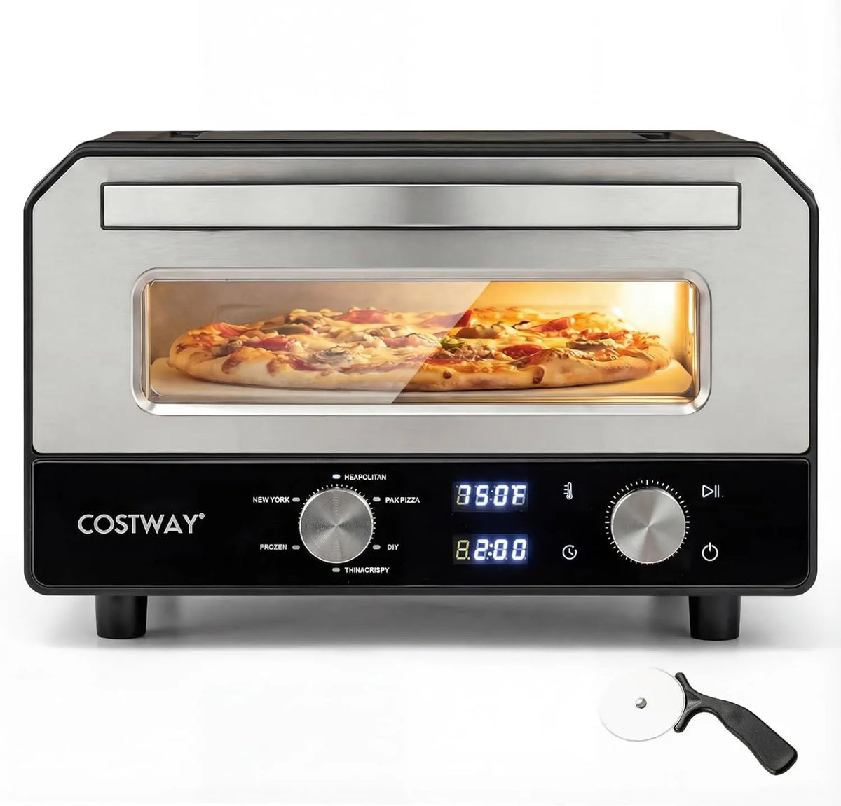 COSTWAY piec do pizzy, Pizza piekarnik elektryczny, 32 cm, 1700 W, 6 programów, licznik czasu, Pizza maszyna z Pizza kamień i Ruletka Pizza, do 400°C, dla Pizza