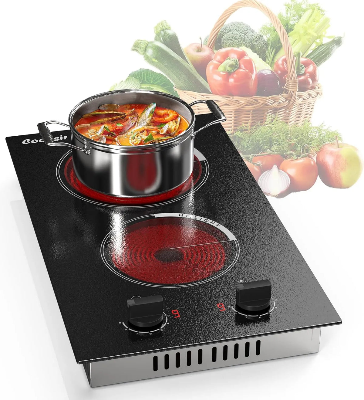 Cooksir płyta grzewcza, Płyta ze szkła ceramicznego, 30 CM, 2 pola grzewcze, 3000 W, 220 V, do odzysku, 9 poziomów, Przyciski sterujące, Automatyczne wyłączanie