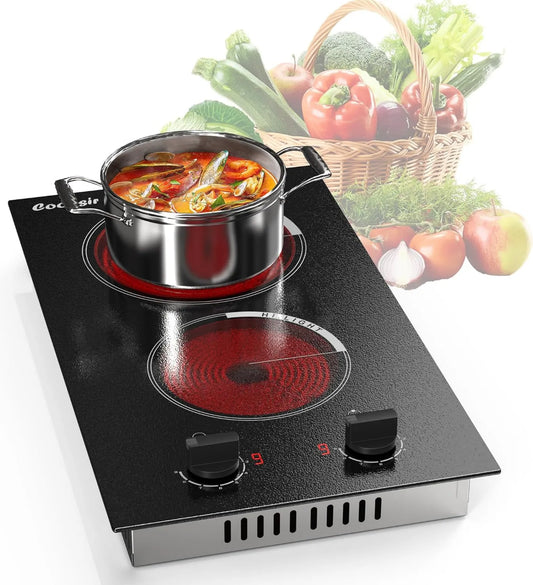 Cooksir płyta grzewcza, Płyta ze szkła ceramicznego, 30 CM, 2 pola grzewcze, 3000 W, 220 V, do odzysku, 9 poziomów, Przyciski sterujące, Automatyczne wyłączanie