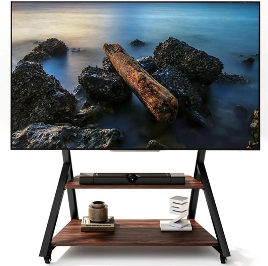 Duiliuu, Szafka TV, 100 cali, 800 × 600 mm, przenośne, poruszające się kółka, czarny, uchwyt TV na piechotę z drewnianą półką do telewizorów