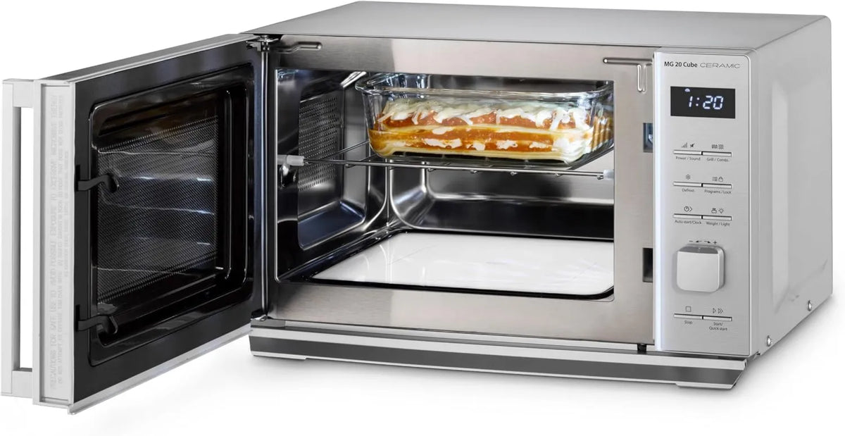 Caso kuchenka mikrofalowa, 2- in-1, 20 l, 1000 W, 13 programów, blokowanie, grill, mikrofalówka, srebro, MG 20 Cube Ceramic, CUBE Controller, Pojemność 2-en-1