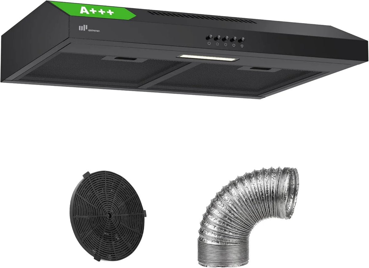 Upstreman okap kuchenny, Osłona próżniowa HU60, 60 cm, 220 m3 / h, 61 dB, energia klasy A-, ewakuacja i recykling, oświetlenie LED, 3 prędkości, tłumik m3/h