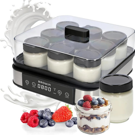 Browin, ® Yaourt z termostatem, do jogurtu domowej roboty, jogurt o pojemności 1, 6 l, 9 białych słoików, zakres temperatur: 25- 65°C