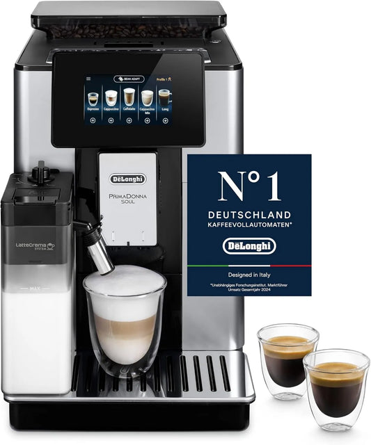 De'Longhi ECAM612.55.SB ekspres do kawy, 1450 W, 2 Filiżanki, praca automatyczna, System LatteCrema, Technologia Bean Adapt, Stal i Plastik